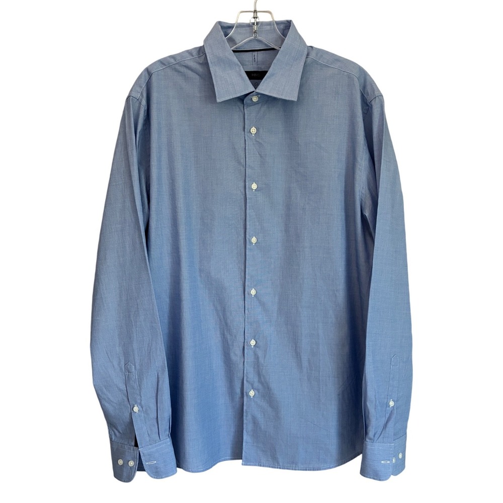 Mango MNG Mens Slim Fit Light Blue Cotton Easy Care Dress Shirt Large L